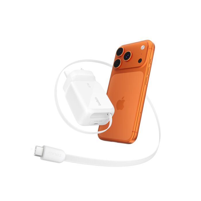 Belkin GaN 67W USB-C Charger with Retractable 1M USBC Cable and USB C view 1