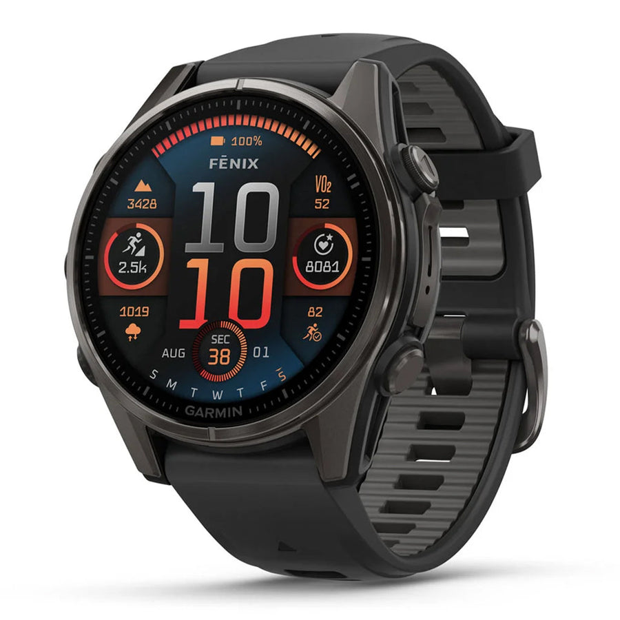Garmin fenix 8 43mm AMOLED Smartwatch - Carbon Gray DLC Titanium with Black/Pebble Gray Silicone Band