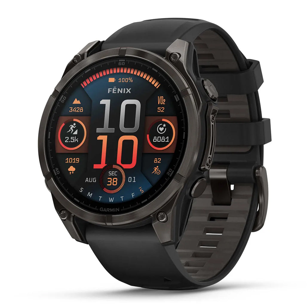 Garmin fenix 8 47mm AMOLED Sapphire Smartwatch - Carbon Gray DLC Titanium with Black/Pebble Gray Silicone Band