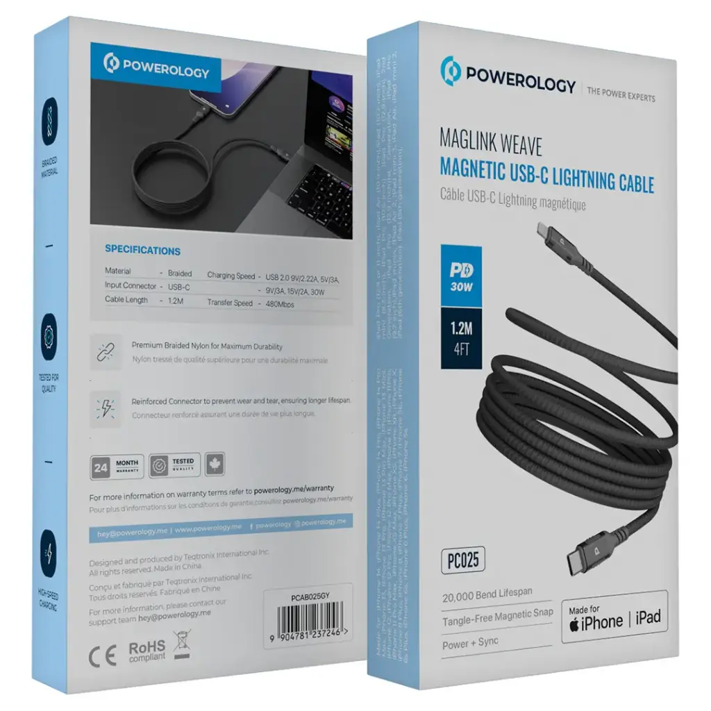 Powerology Malinka Weave Magnetic USB-C to Lightning Cable 1.2m – Gray