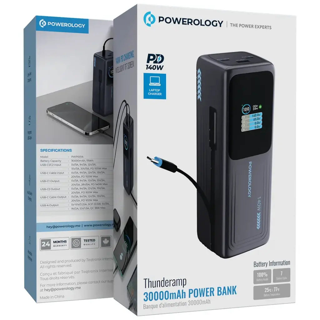 Powerology Thunderamp 30000mAh 140W Power Bank – Gray