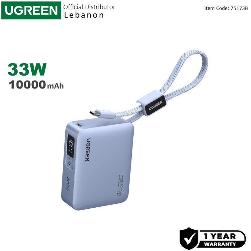 UGREEN 10000mAh 33W Ultra-Compact Power Bank with Built-In Cable