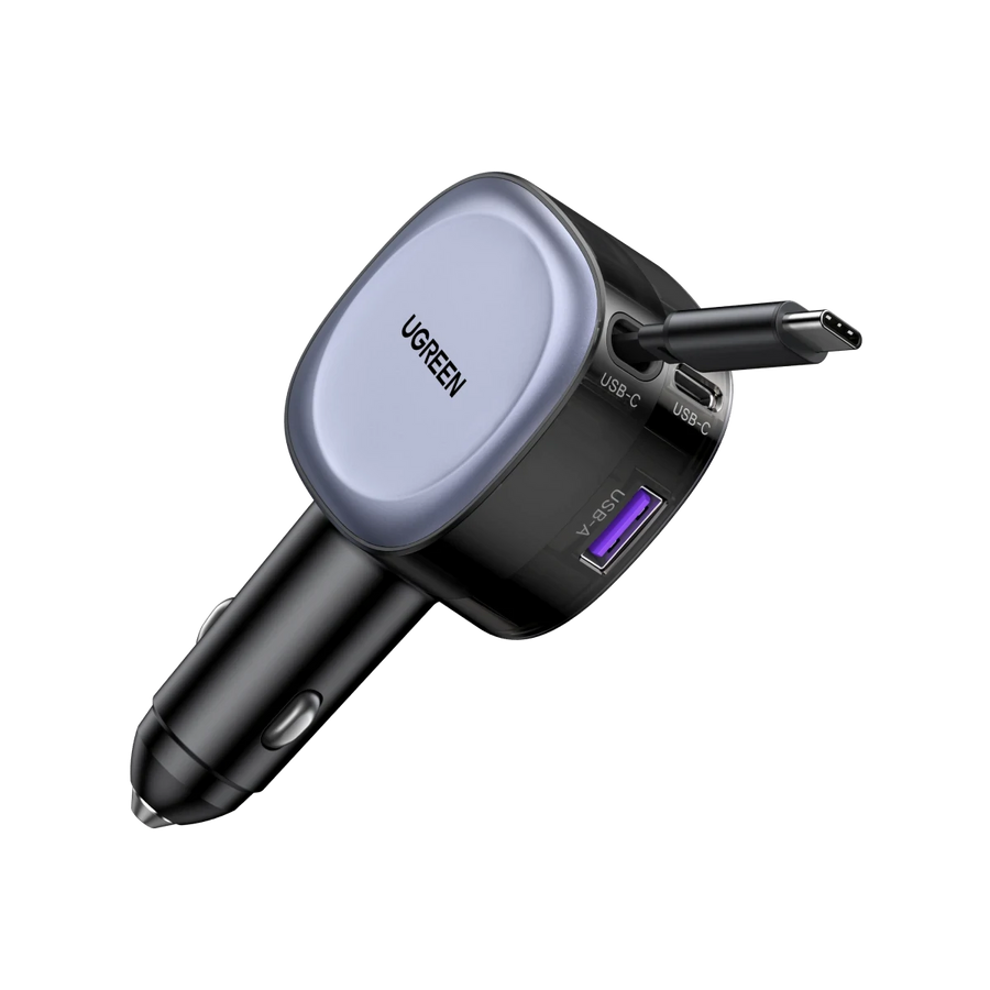 UGREEN 75W 3-Port Fast Car Charger with Retractable Cable - EC601